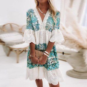 Light Green Print 3/4 Sleeve Mini Dress